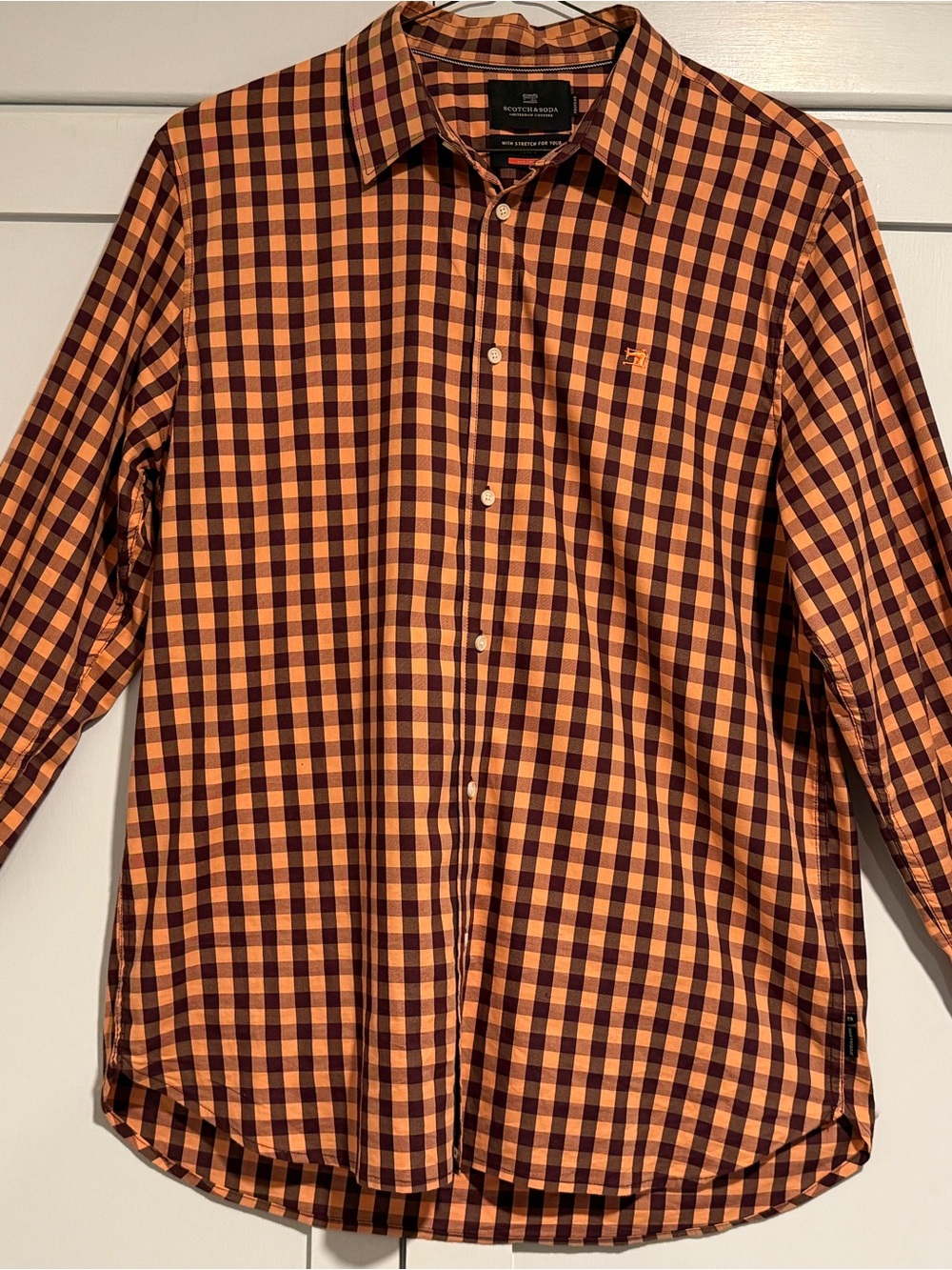 Scotch & Soda Orange and Brown Gingham Button-Down Shirt, Size XL